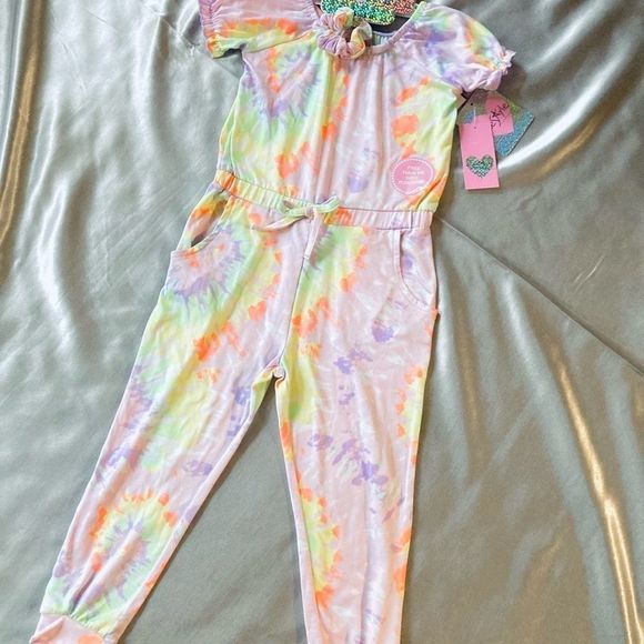 Freestyle 4T Tie Dye Jumpsuit Set Scrunchie NEW - Picture 2 of 4